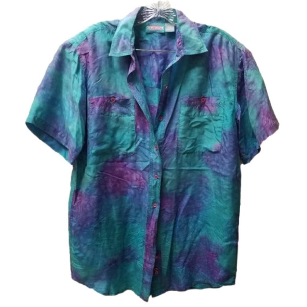 Vintage Karuba 100% Silk Blue Green Purple Button Up Shirt M